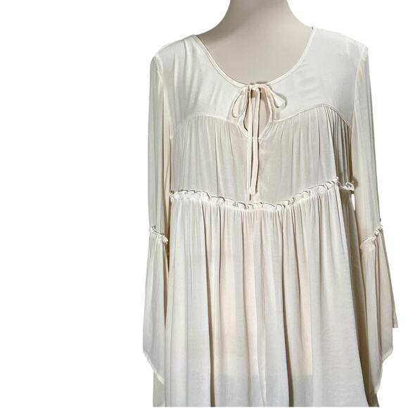 John Mark Tunic Top Womens Medium Cream Boho Tunic Keyhole Tie Neck Bell Sleeves - Picture 2 of 9